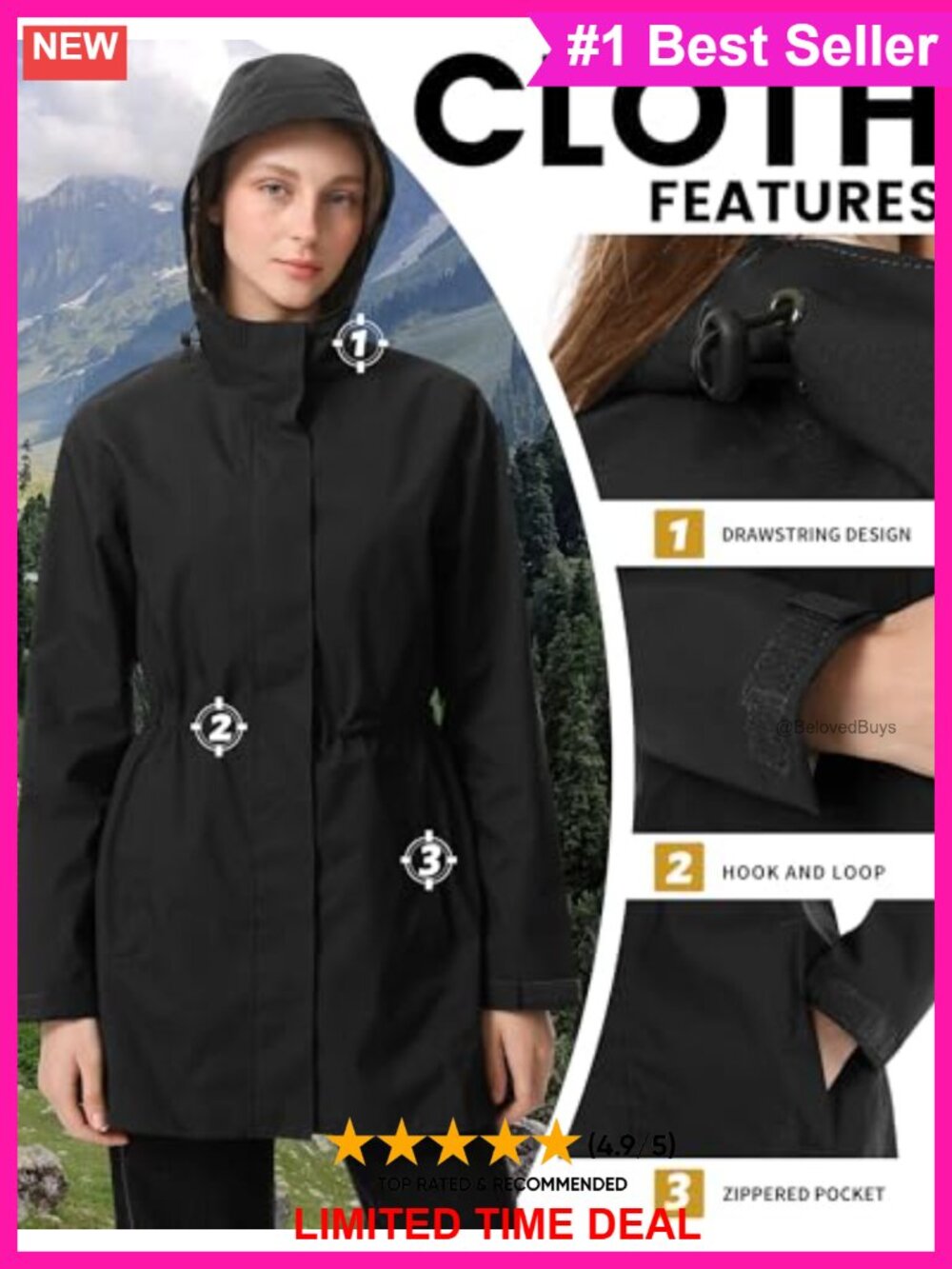Women's Long Rain Jacket Waterproof Packable Hooded Windbreaker